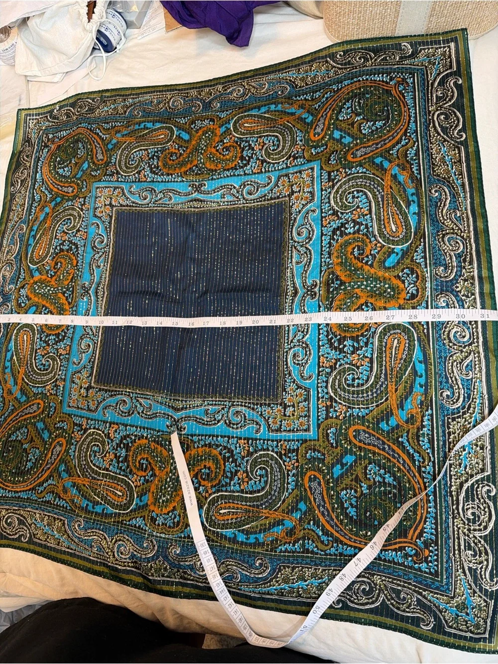 Vintage Oscar de la Renta Paisley Scarf in Navy, Teal & Olive